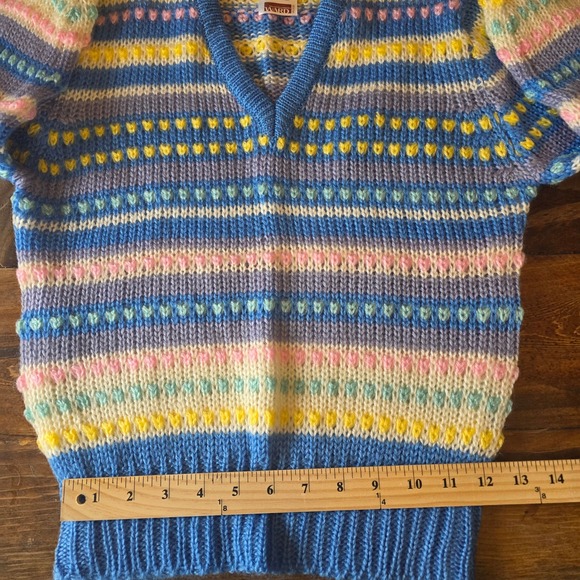 Montgomery Ward Womens Medium Striped Knit V Neck Acrylic Sweater Blue Pastel - Picture 4 of 6